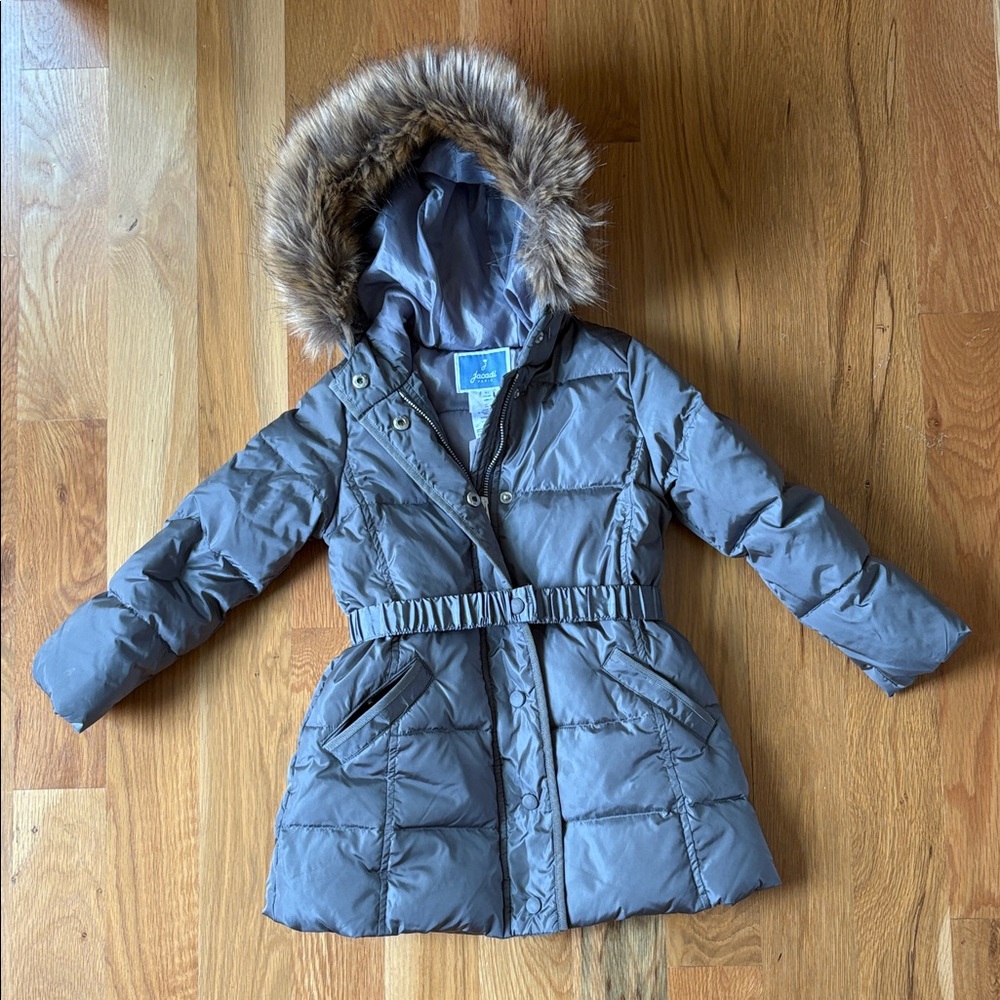 Jacadi gray down Puffer Jacket with Hood and belt in EUC!  Sz 4t